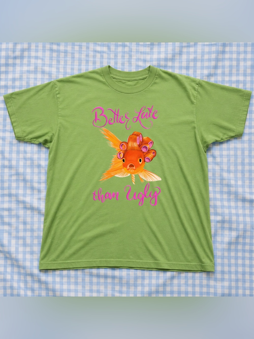 Better Late Than Ugly Green Fish T-Shirt - Classic Vintage Style with Goldfish